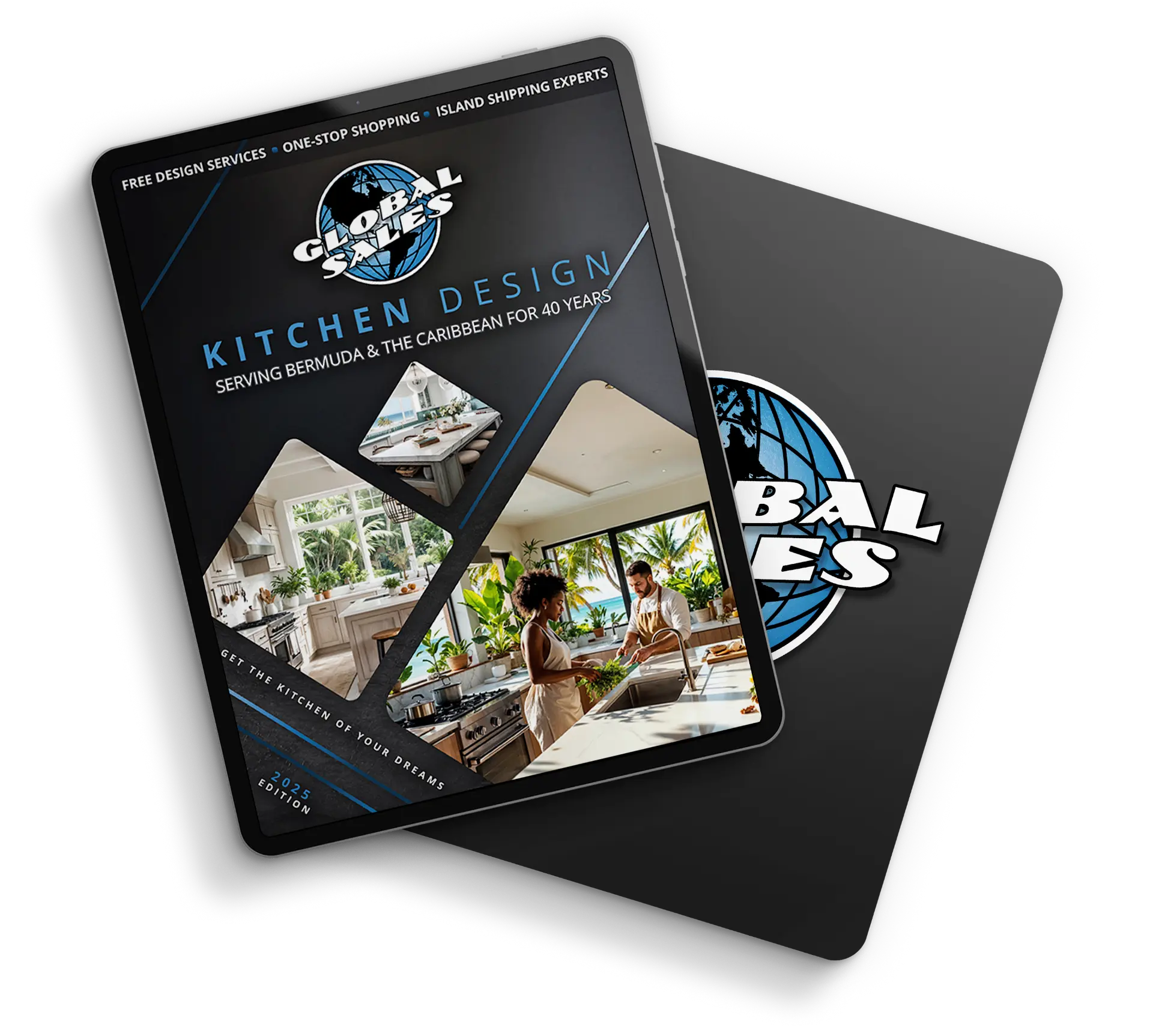 Global Sales 2026 Kitchen Design Guide cover shown on a tablet